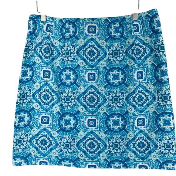 Talbots A-Line Skirt medallion canvas cotton aqua blue & white size 10 petites - Picture 5 of 12